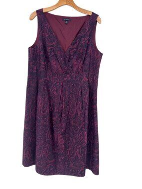 Lands’ End Sleeveless Burgundy Paisley Dress Size 16 Cotton Silk V-Neck A-Line